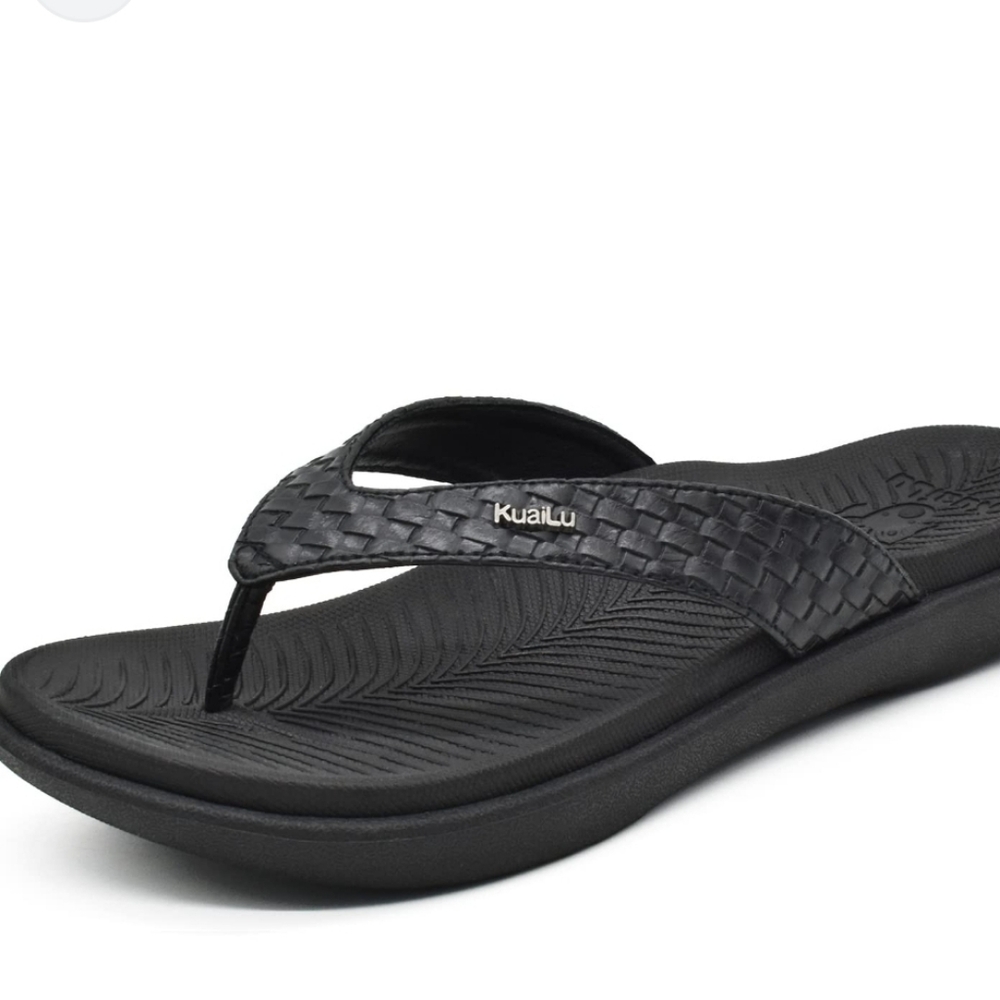 KauiLu Orthotic Sandal Size 8, Black Woven Thong Style Shoe, Rubber Tread Sole